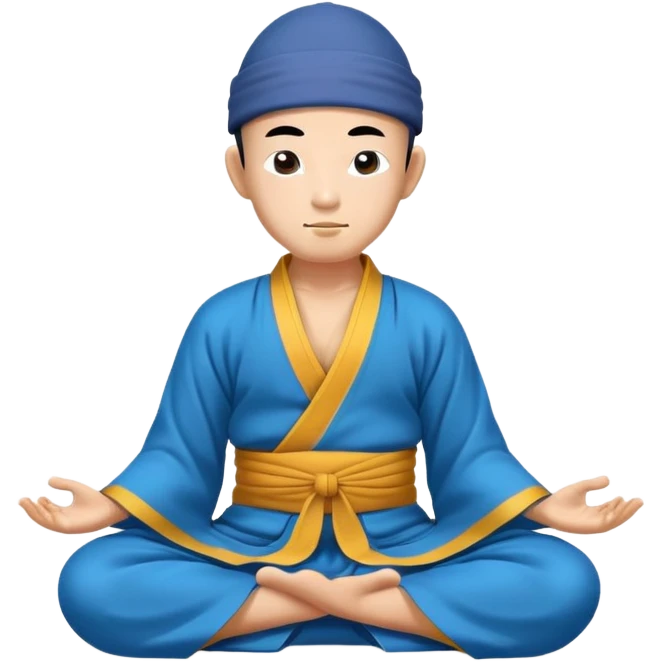 Tibetan monk in Asian hat floating in lotus pose in blue kimono emoji