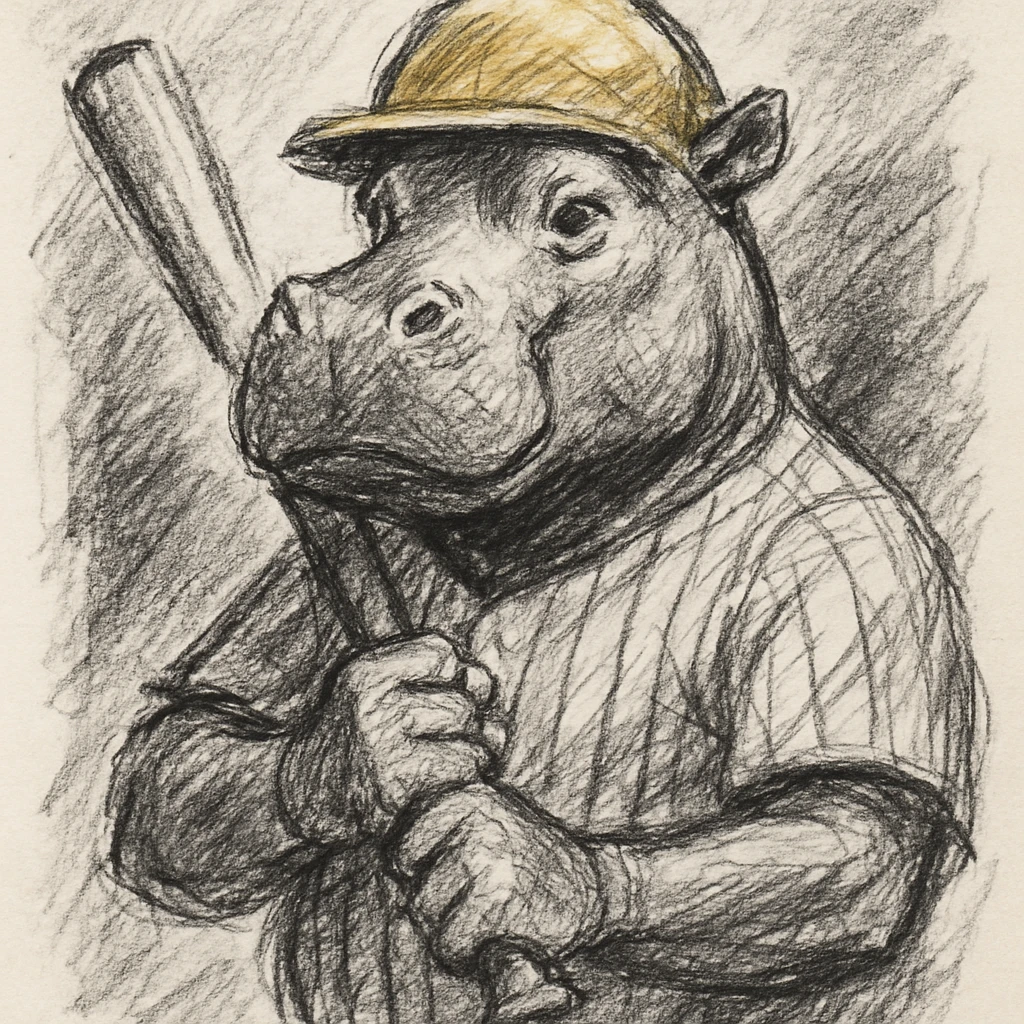 hippo holding a baseball bat, wearing a yellow helmet, pinstripes outfit emoji