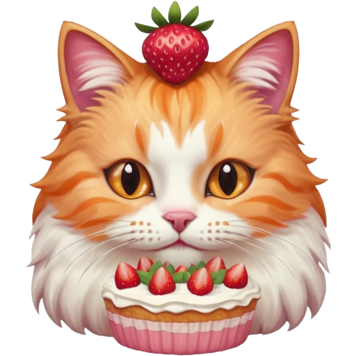 Close-up portrait of a fluffy cat eating a strawberry cake, pink cream on its nose and whiskers, detailed fur texture, soft natural light, shallow depth of field, high resolution, cute and candid moment
, emoji