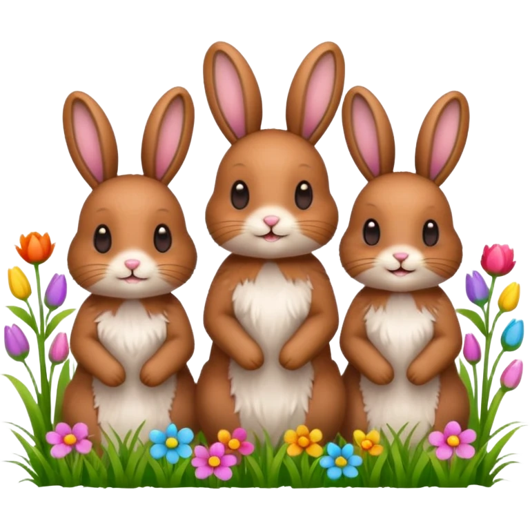 3 Bunny's standing in grass field with flowers happy looking foward emoji