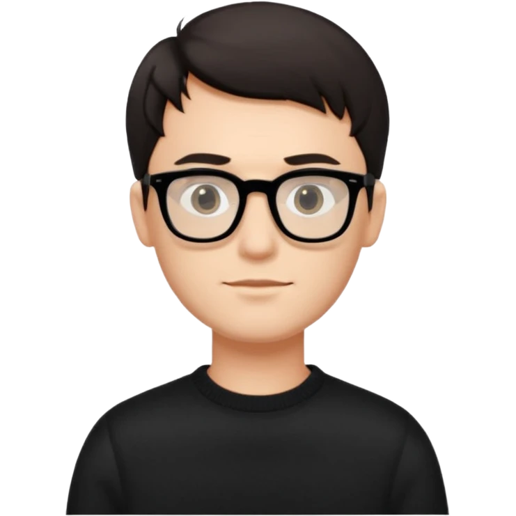 crea un uomo con i capelli corti scuri, occhiali da vista neri rettangolari e un maglione nero emoji