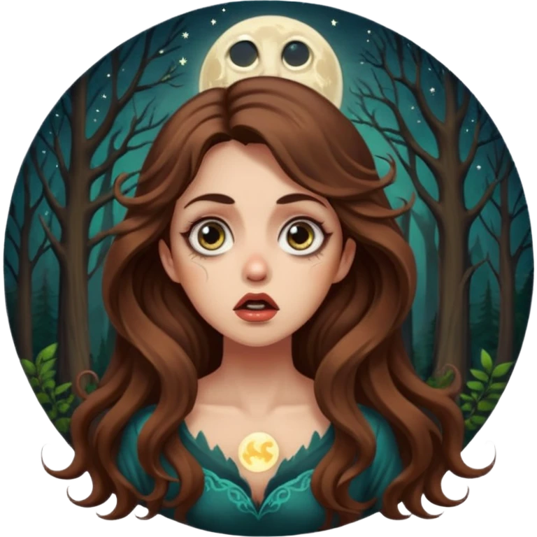 shocked forest mystic woman long wavy brown hair tattoos wide eyes moon glow emoji