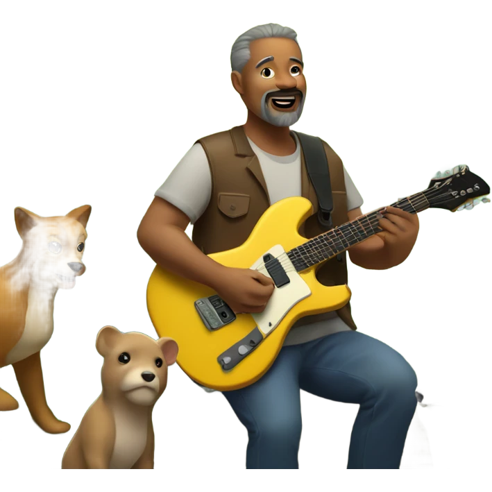 50 year old tan man with a goatee playing electric guitar in a forest with animals watching emoji