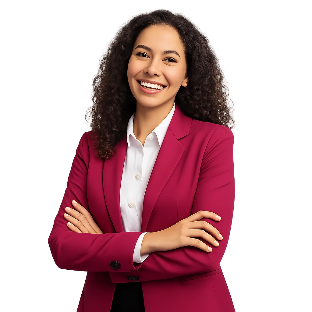 a beautiful, fancy woman as a happy and relaxed project manager, in a professional yet cheerful pose emoji
