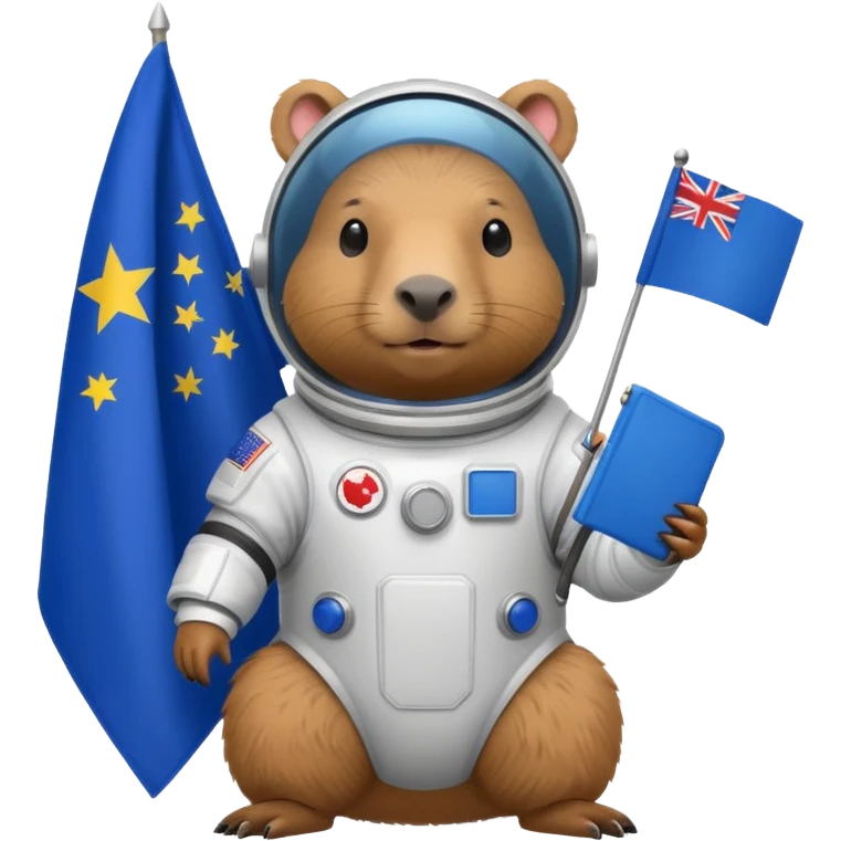 Capypara in space suit, holding blue rectangle flag emoji