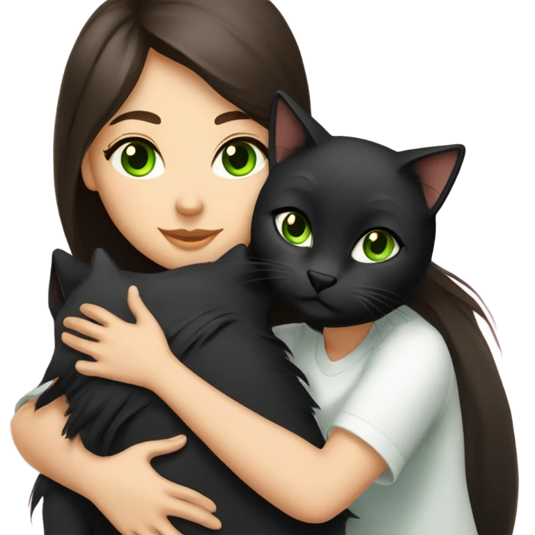 Girl with dark brown hair and fair skin hugging a black medium haired cat with green eyes emoji