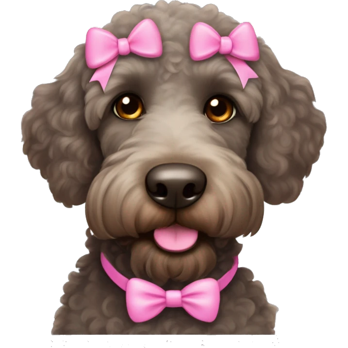 Black labradoodle female dog brown eyes with pink bows on her ears and pink collar with name tag on it bonnie emoji