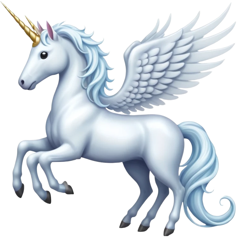 All white Cinematic Noble Unicorn with wings, slender with a flowing mane and tail and spiraled horn emoji