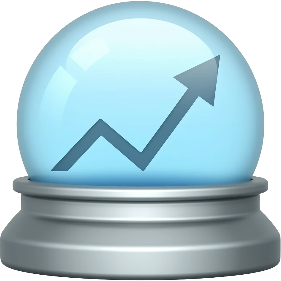 Minimalist vector icon of a bar chart with an upward trend arrow transforming into a glowing crystal ball, predictive analysis concept, forecasting, data science, modern tech style. emoji