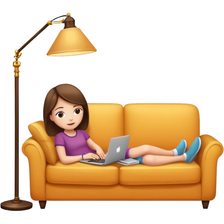 A girl is working with a laptop while lying on a sofa, with a floor lamp to the right. emoji