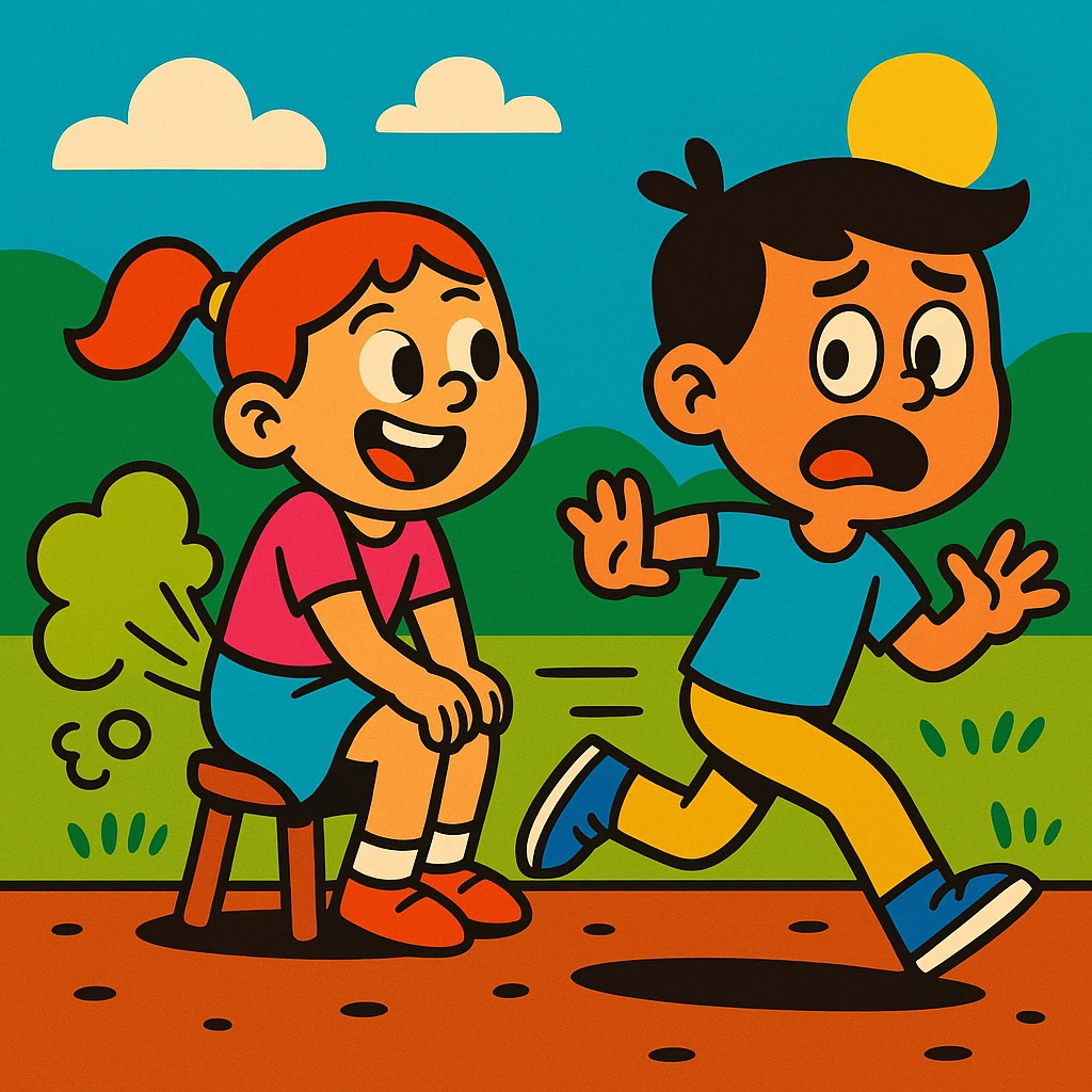 humorous cartoon: girl farting, boy running away, lively and colorful, vibrant toon style emoji