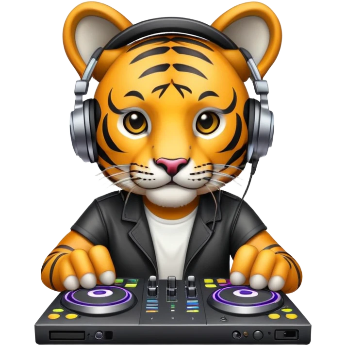 DJ tiger face with headphones and mixing deck for Twitch emote emoji