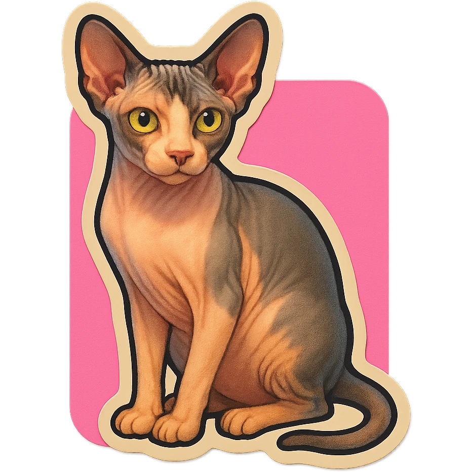 Canadian Sphynx cat with coloring as in the photo, sticker style, with a pink background emoji