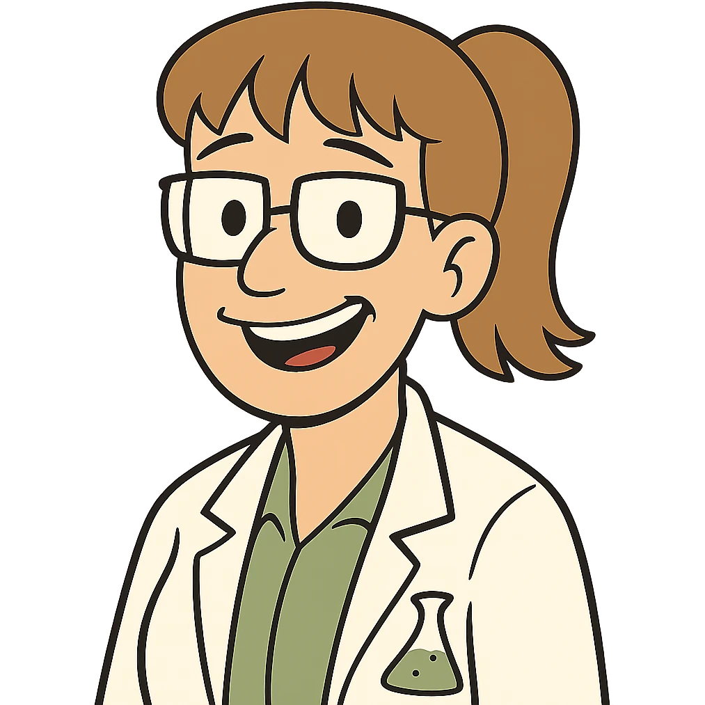 middle-aged science teacher, light brown hair in ponytail with bangs, brown eyes, smiling emoji