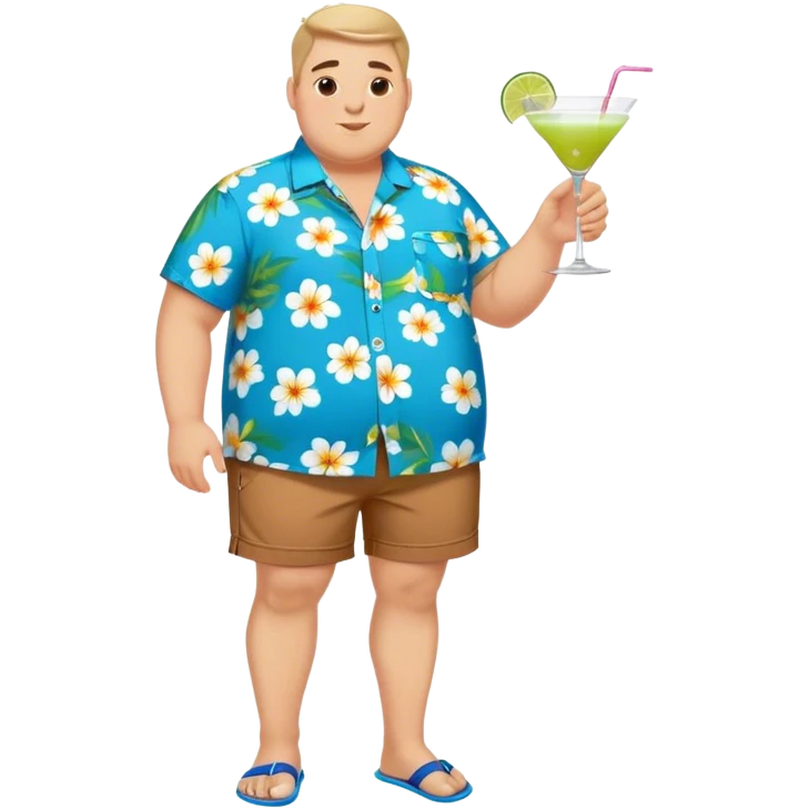 chubby guy full figure in a flowered azure havai shirt, brown shorts and flippers holding a cocktail emoji