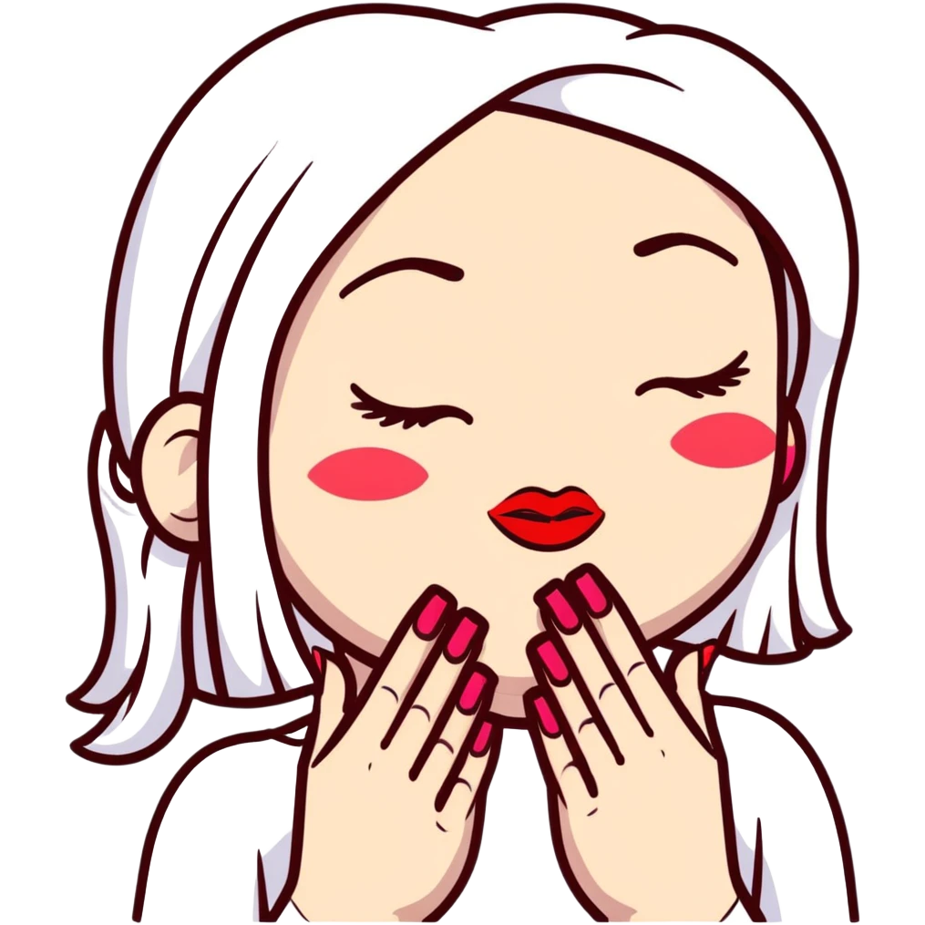 A cute face with closed eyes that form upward curved lines, eyelashes, pursed lips with lipstick, and a hand gesture with only the thumb out while other fingers are closed, all nails painted emoji
