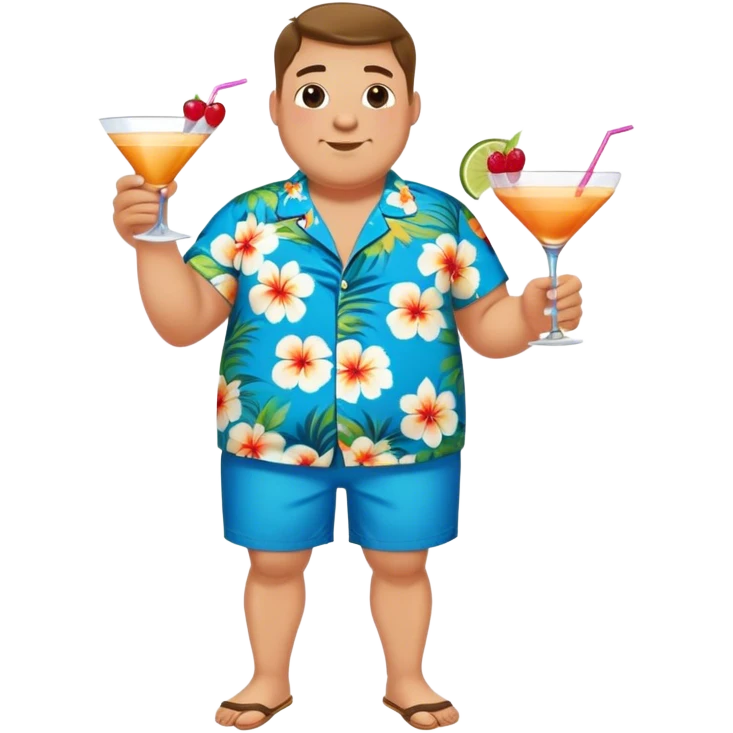 chubby guy full figure in a flowered azure havai shirt, brown shorts and flippers holding a cocktail emoji
