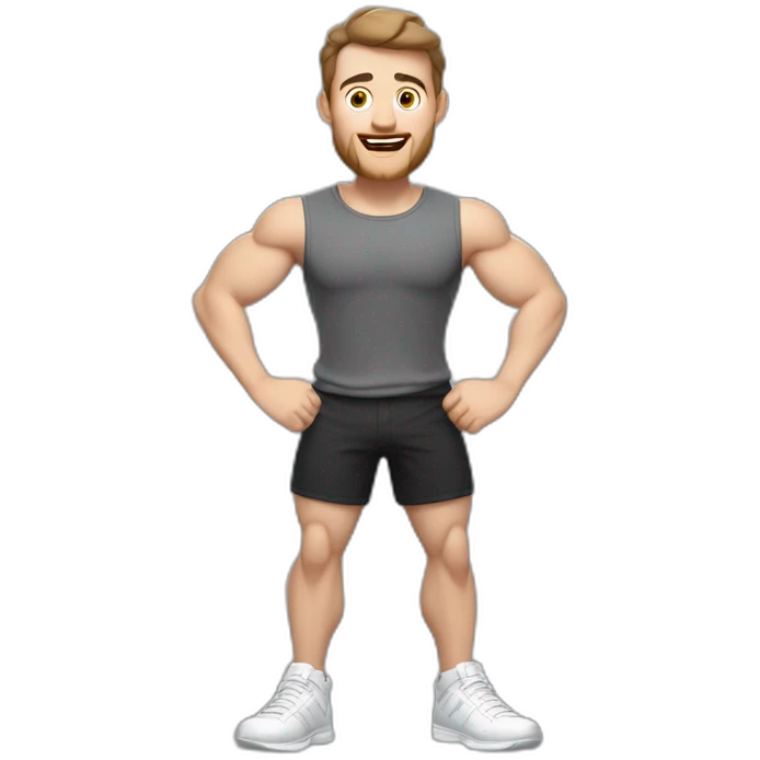 Full height Actively gesturing  with hands Pale skinned Fit Man With the biceps and brown hair in dark gray Sleeveless Mike, black oversize sports shorts, watch and white Sneakers emoji