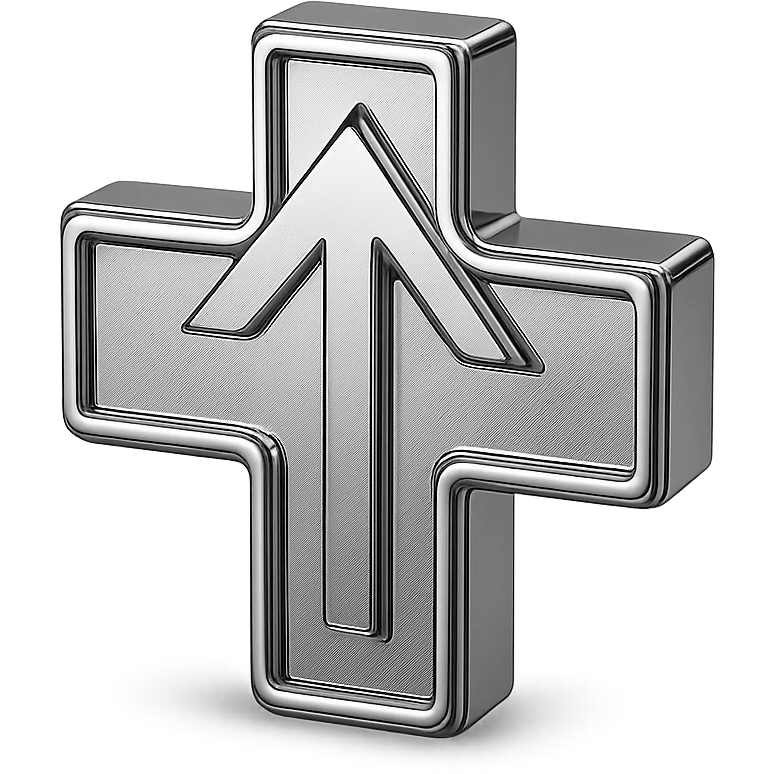 abstract chrome cross with an upward arrow and radiant effects, representing health improvement emoji
