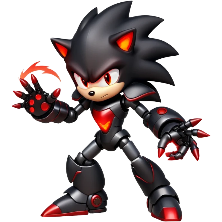 Robotic Shadow the Hedgehog with black metallic body, red glowing eyes, red energy streaks, and battle stance emoji
