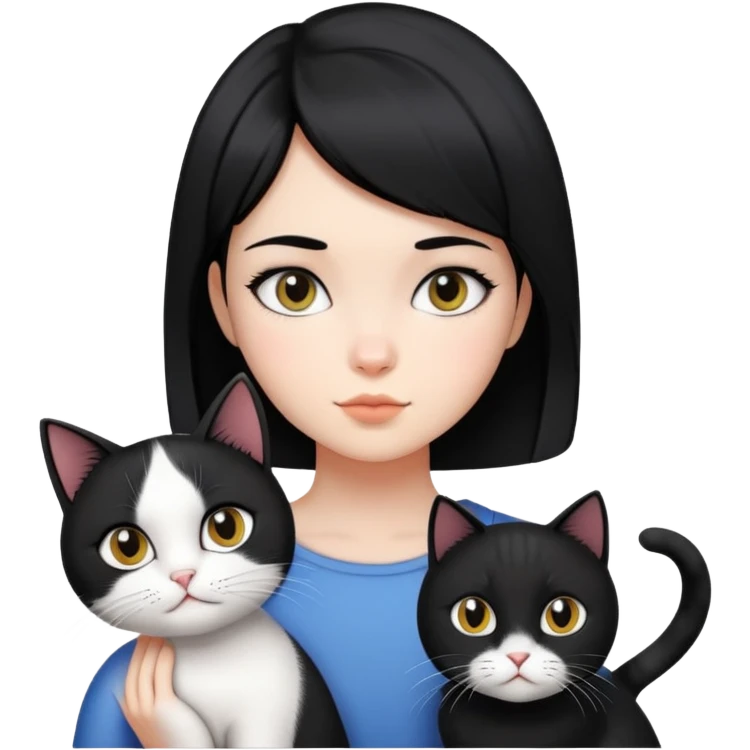 A girl with short black hair parted in the middle, fair skin, is accompanied by a black and white cat. emoji