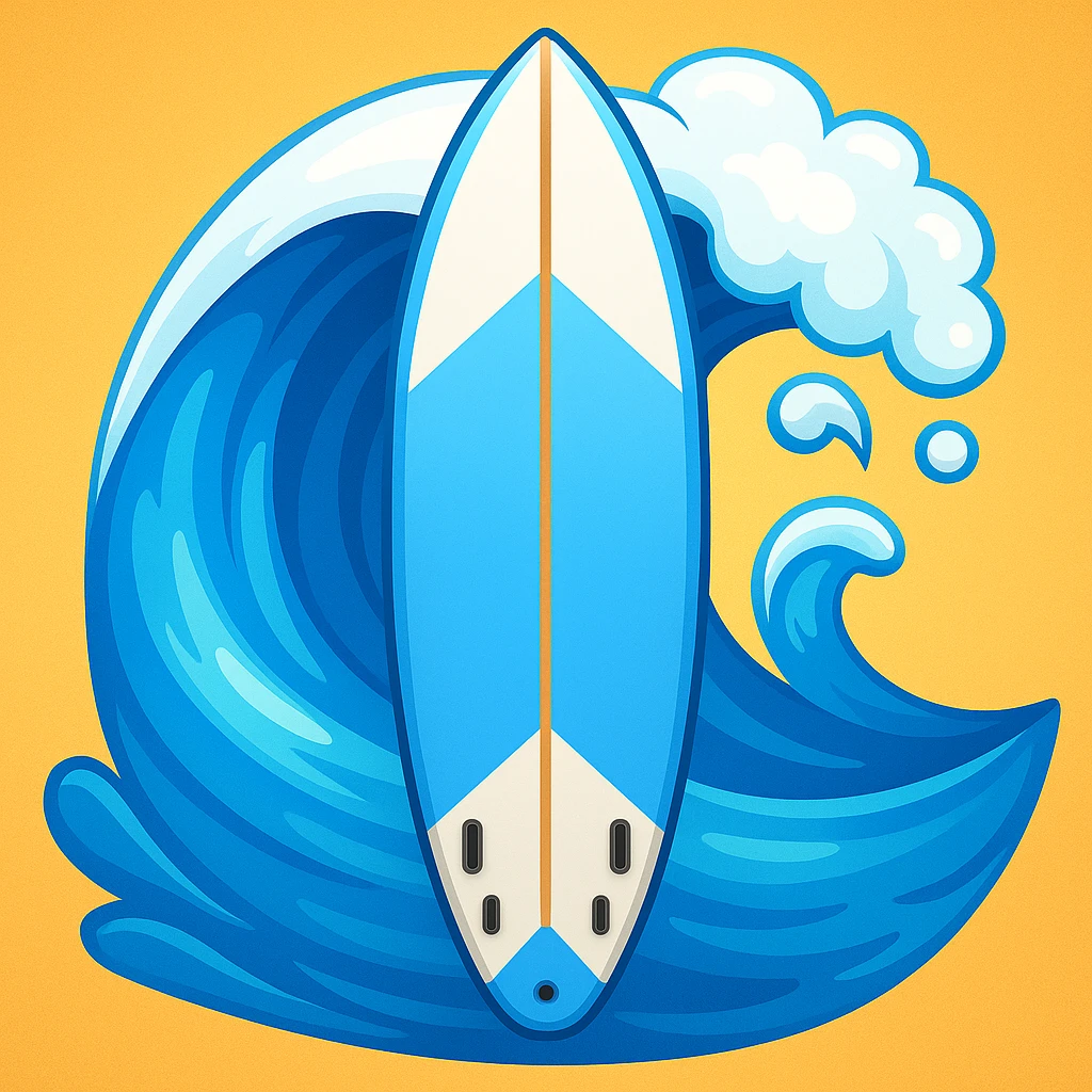 Add a stylized ocean wave background behind the surfboard, keeping the emoji style vibrant and clear. The style should resemble vibrant and clear emoji aesthetics with bright colors and clean lines. emoji