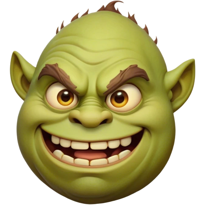 Cinematic Comical Ogre Portrait Emoji, with a strikingly exaggerated, bulky figure in vivid earthy greens and browns, head tilted in a dramatically surprised expression with wide, comically bulging eyes and a goofy, oversized grin, simplified yet hilariously exaggerated, highly detailed with a soft, cartoonish glowing outline capturing the playful absurdity of a meme-worthy ogre! emoji