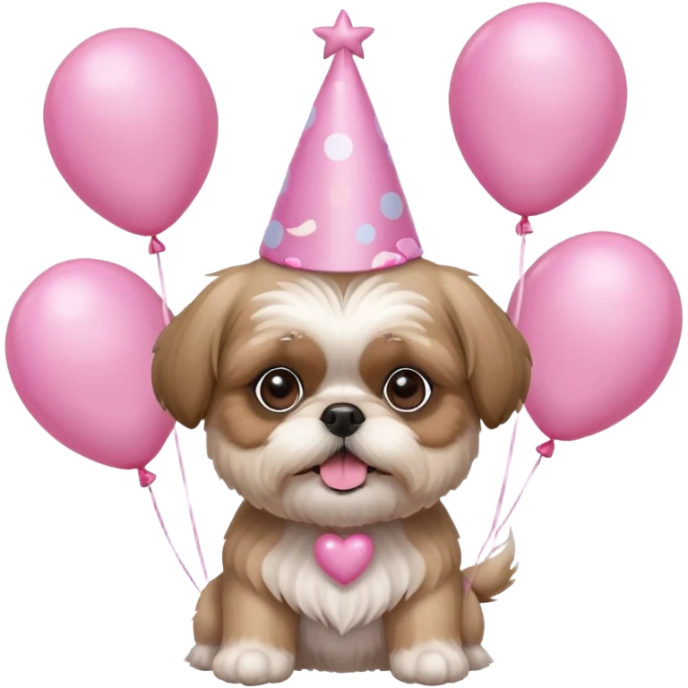 cute shih tzu hold a few cute pink balloons  with pink birthday hat emoji