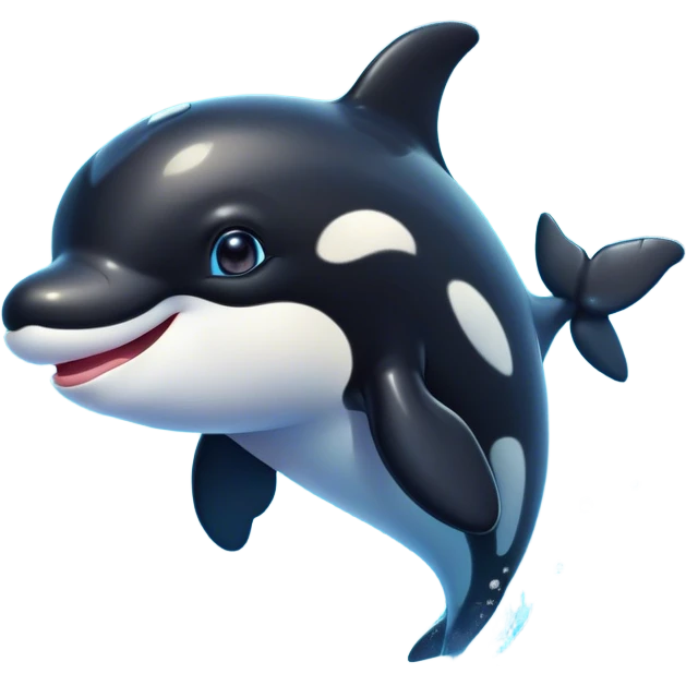 Cinematic Cute orca Portrait Emoji, Head tilted playfully and inquisitively, featuring a smoothly rounded body with bright, sparkling eyes and an adorable, friendly smile, Simplified yet irresistibly adorable features, highly detailed, glowing with a warm, ocean-blue glow, high shine, affectionate and lively, stylized with a touch of whimsical aquatic charm, soft glowing outline, capturing the essence of a mischievous yet endearing orca that seems as if it could leap right into your heart! emoji