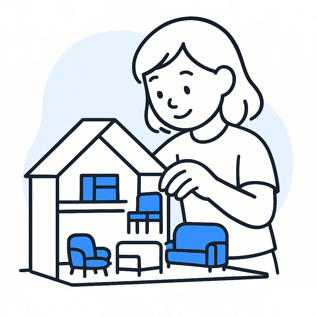 smiling girl arranging furniture in doll house emoji