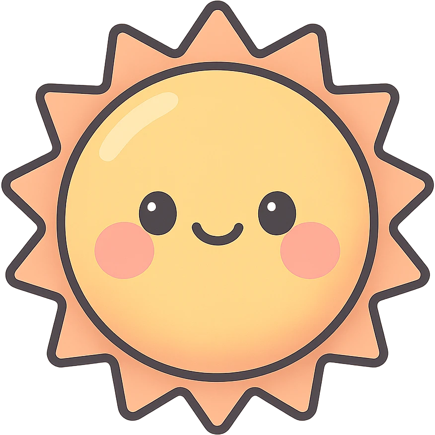 A series Sun of illustrations in a kawaii emoji style, with detailed shading and highlights, thin clean outlines, soft and rounded features. Pastel color palette using #98B5BC, #B5B3C1, #C9A3C9, #E4C0CA, #F7DCD1,#F7C0AA. The style is inspired by modern Japanese pop art and sticker aesthetics. Highly detailed, vector clarity, soft lighting and subtle shadows. Transparent background without background. emoji