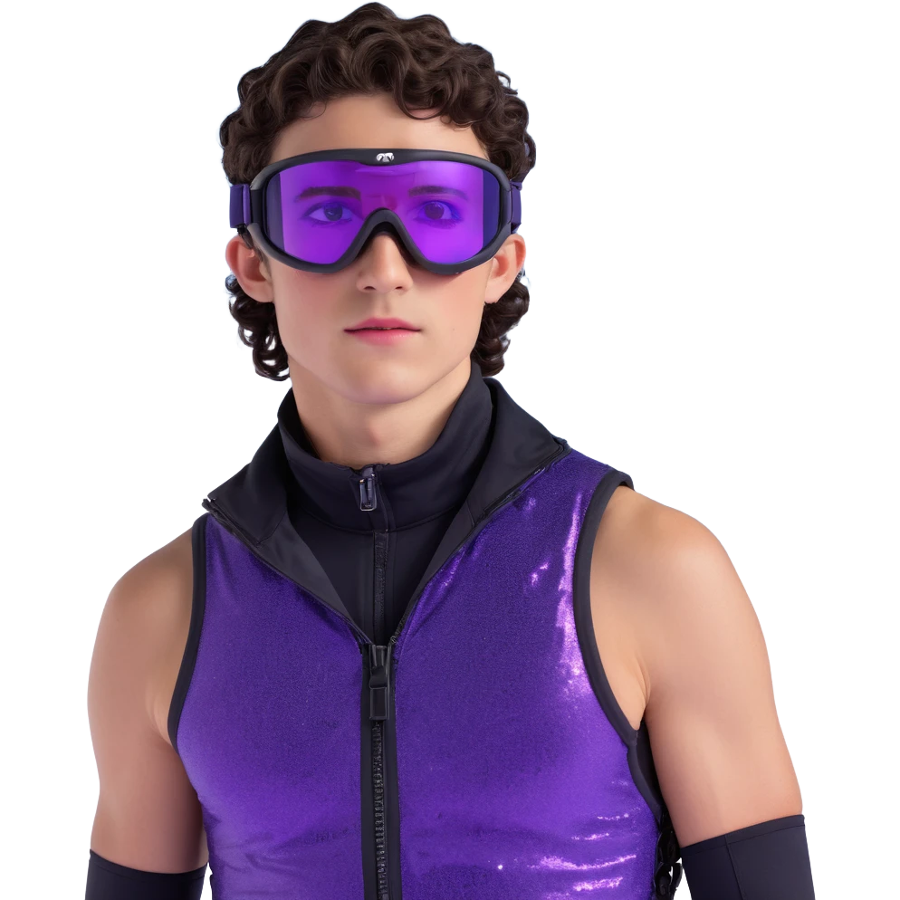 close-up of male athlete with white skin and moderately curly dark brown hair on top with shaved sides, wearing ski goggles with purple frames and very dark black lenses, a simple plain black chain necklace, and a completely unzipped sleeveless vest with purple and black sequin fire pattern design with no logo, frame centered on face and upper chest emoji