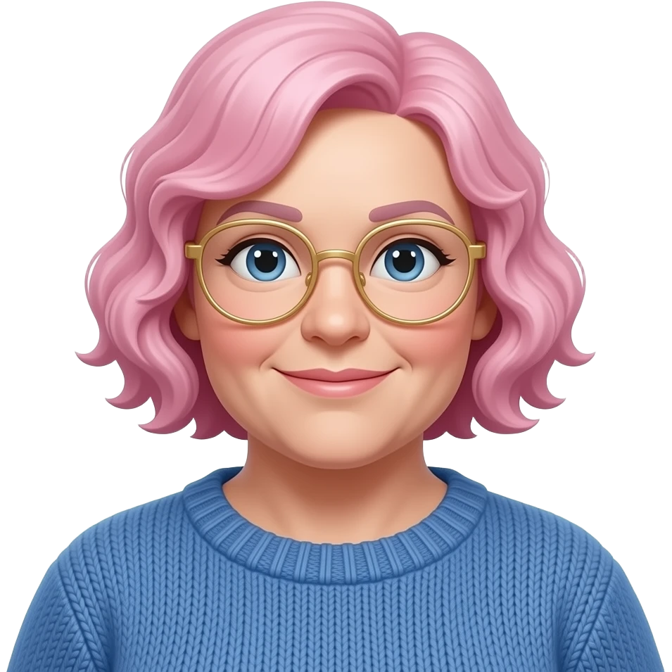 change her hairs into crimple  old women with pink short hairs   65 year-old Dutch chubby white woman with pink  colored short hair, blue sweater and gold glasses emoji