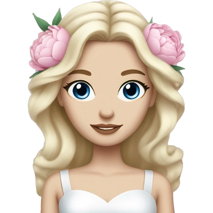 White bride with long light blonde hair and blue eyes with light pink peonies in hair white skin  emoji
