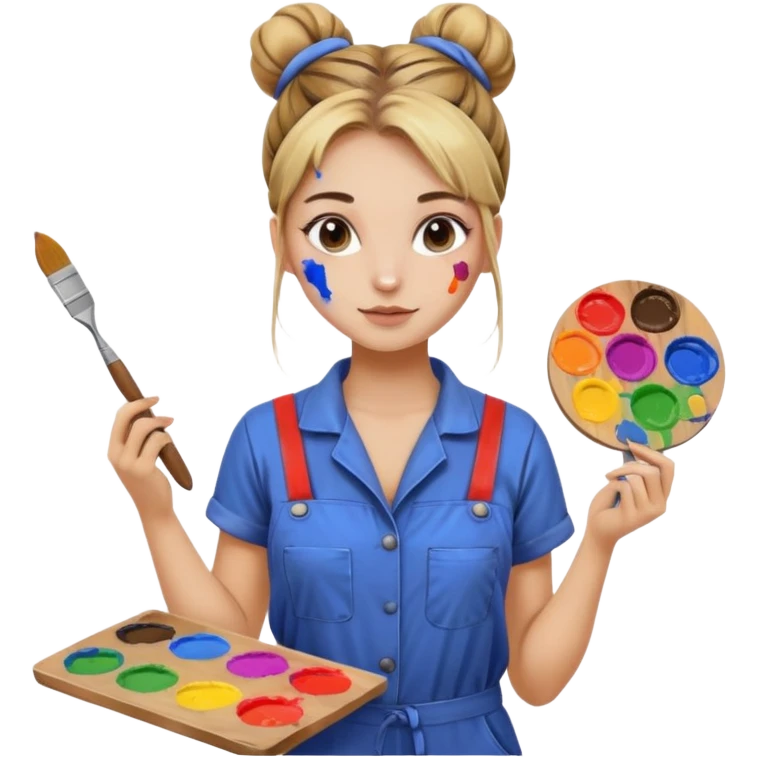 beautiful girl with a bun on her head in a jumpsuit with paint stains, holding a palette and a brush in her hands emoji