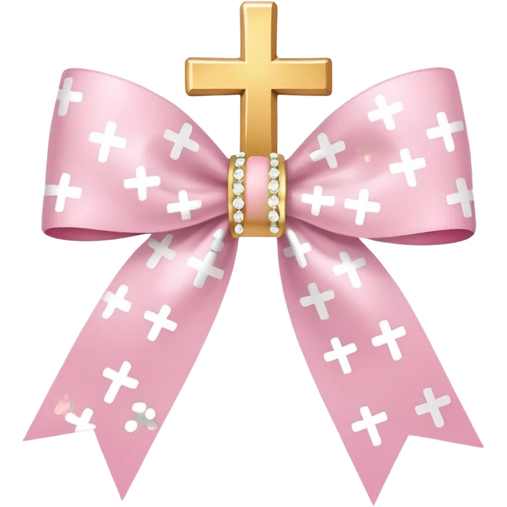 super pale pink bow confetti but the paper confetti are the pale pink bows all spread out with white tiny glitter and then with golden crosses on it and a white band in the mjddle emoji