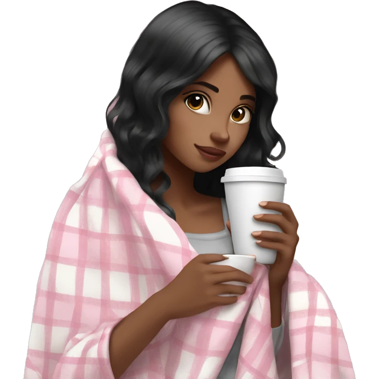 Pretty black hair girl wrapped in pastel pink plaid blanket drinking coffee emoji