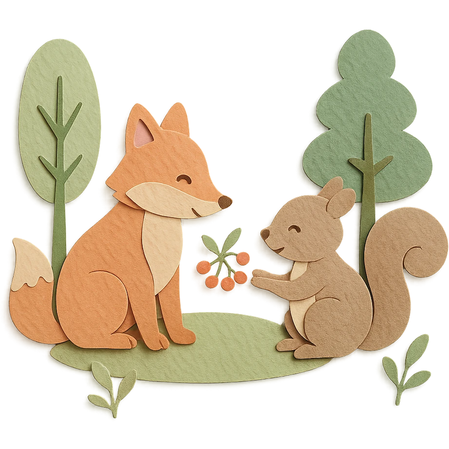 fox and squirrel sharing berries in a forest friendship scene, soft pastel colors, paper-craft style emoji
