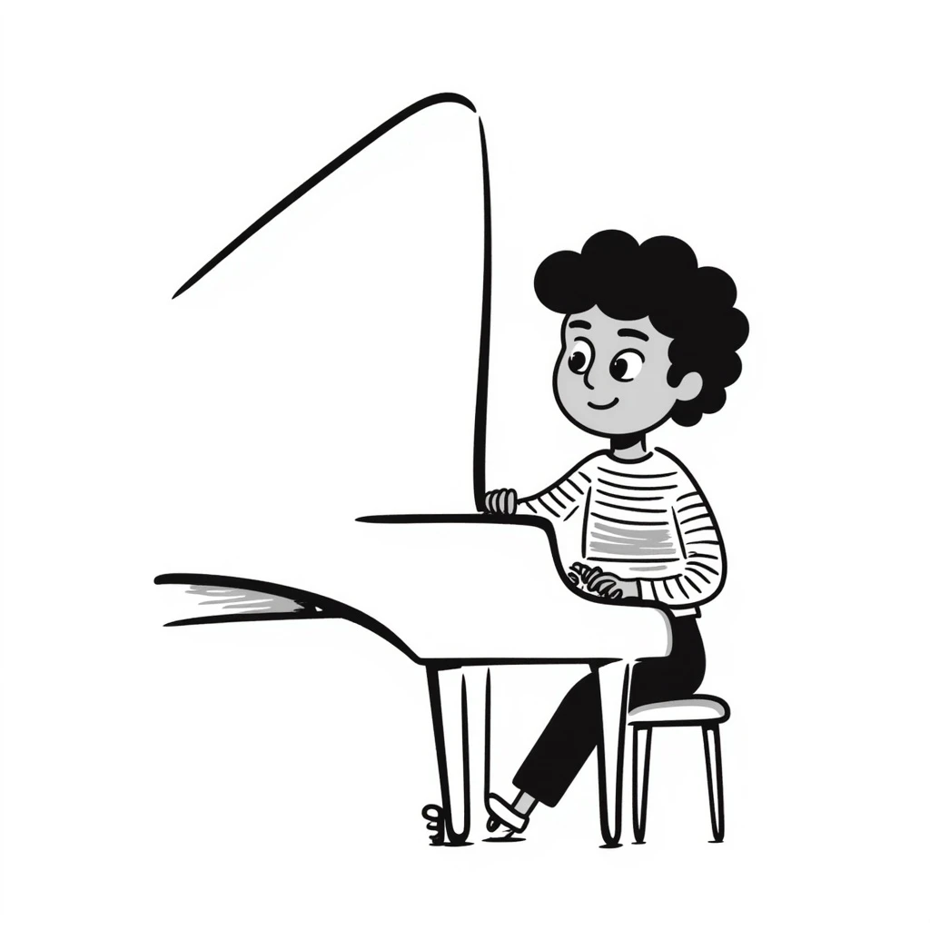 a kid with curly hair and brown eyes playing piano, hand drawn doodle style emoji