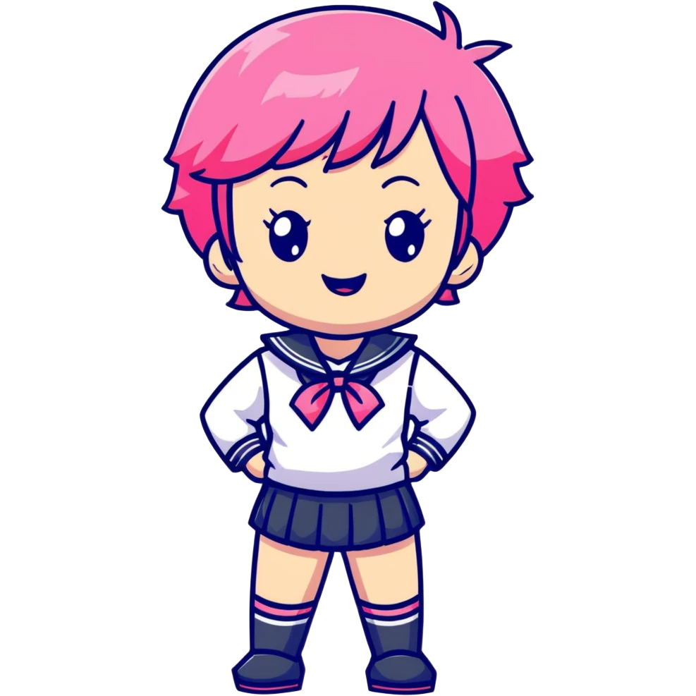 Anime girl with short bright pink hair wearing Japanese sailor style school uniform, confident pose with hand on hip and bright cheerful grin, excited and happy emoji