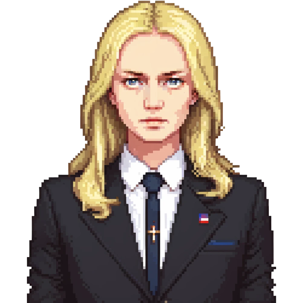 Russian politician with serious face, blonde hair, in dark suit emoji
