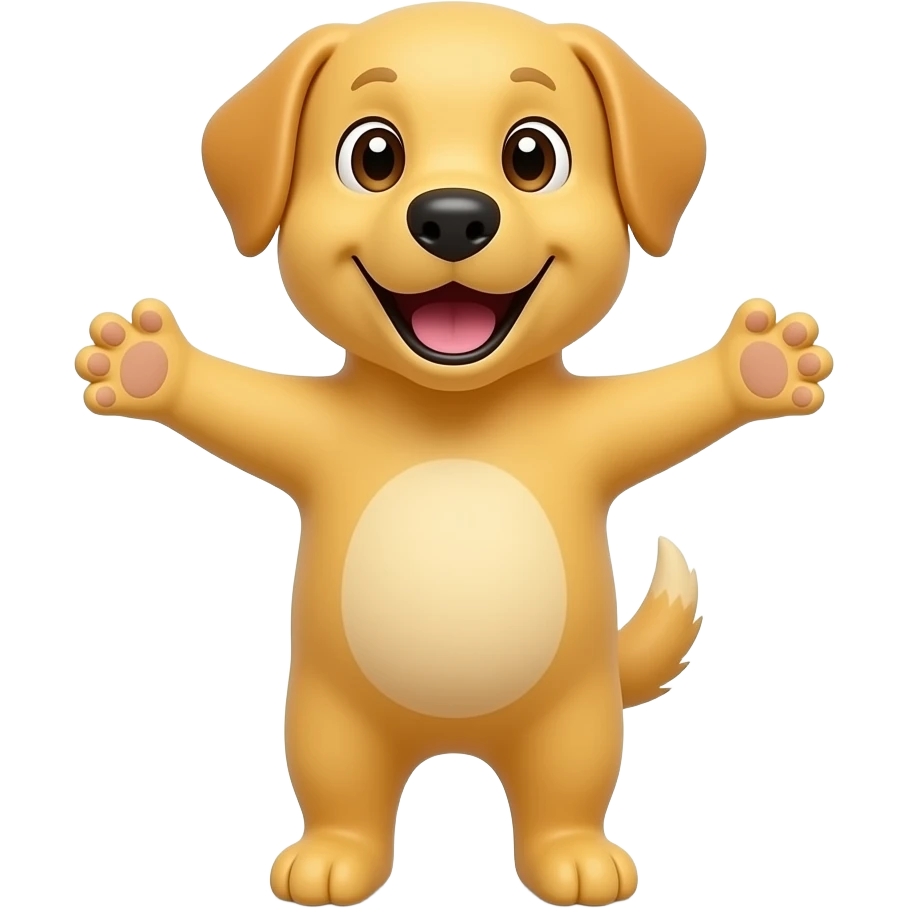 A completely yellow dog, standing up with legs and arms open like a little person, looking at us with a very happy expression. Its body is completely yellow. emoji