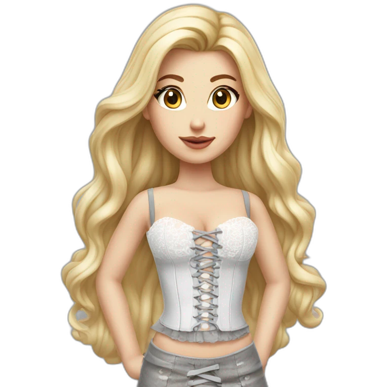 hyperrealistic caucasian female, long straight blonde hair, white lace-up bustier, grey tight mini skirt emoji
