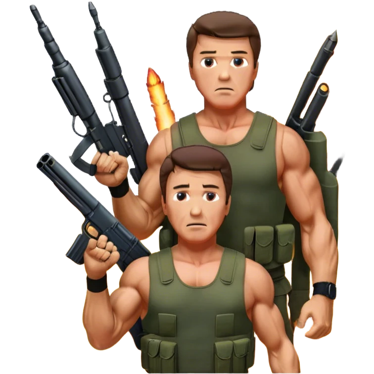 Icon for Action Movies: Close-up collage featuring Schwarzenegger in 'Commando' and  Stallone in 'Rambo', in bold poses. Background includes explosions, rockets flying, and machine guns. The style is reminiscent of a cinematic movie poster with intense, dramatic colors. Transparent background. emoji