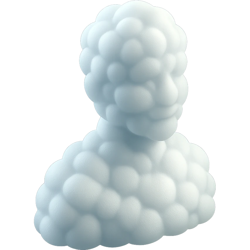 person looking straight, fully made of white fluffy convex clouds, shoulder up, no shadows, matte glass style emoji