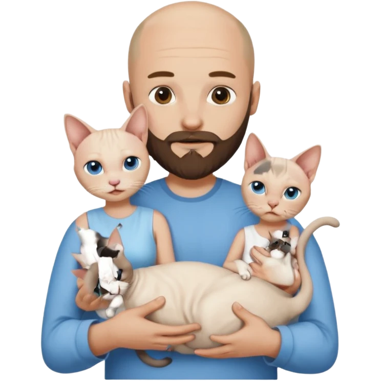 A couple, a man and a woman. The man, who is bald with a beard and wearing a blue shirt, is holding a Siamese cat in his arms. The woman, who has light hair and is wearing a white dress, is holding a white Sphynx cat in her arms emoji