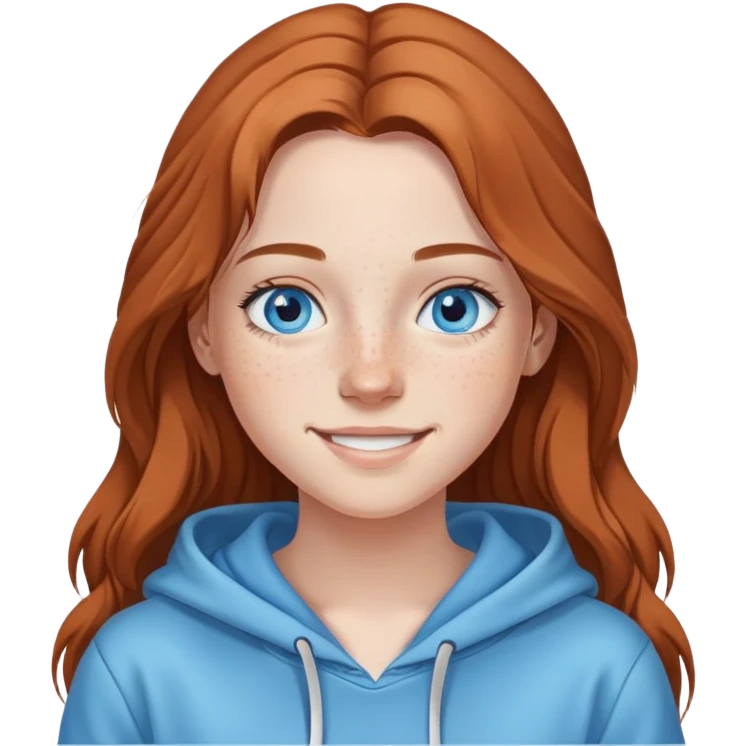smiling girl in hoodie blue eyes freckle long hair  emoji