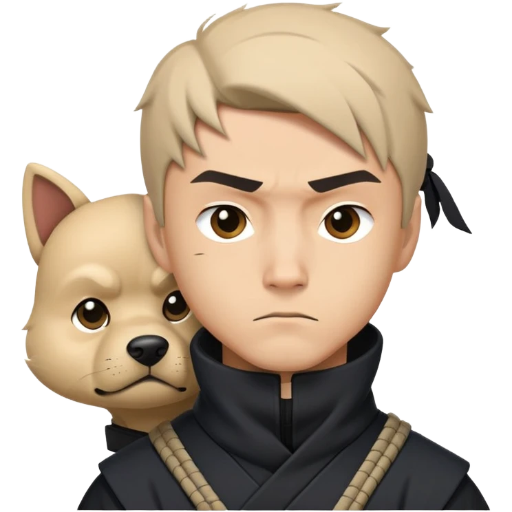clash-of-clans-aesthetic_-cinematic-mysterious-male-ninja-portrait-emoji, rendered in a flat, vector-style with minimal shading and bold, simplified shapes,   with a head slightly turned revealing intense, focused eyes. the ninja is accompanied by a Ninken dog emoji