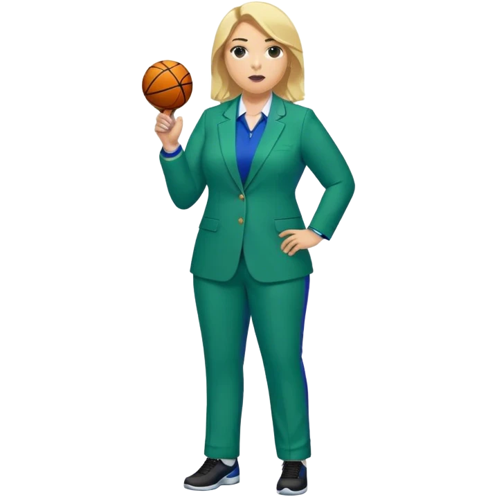 Full Body white plus size female basketball head coach with whistle  blonde hair past the shoulder length in a blue and green suit emoji
