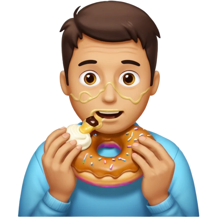 A man messily eating a filled donut, the donut is filled with Boston cream and it’s making a mess everywhere emoji